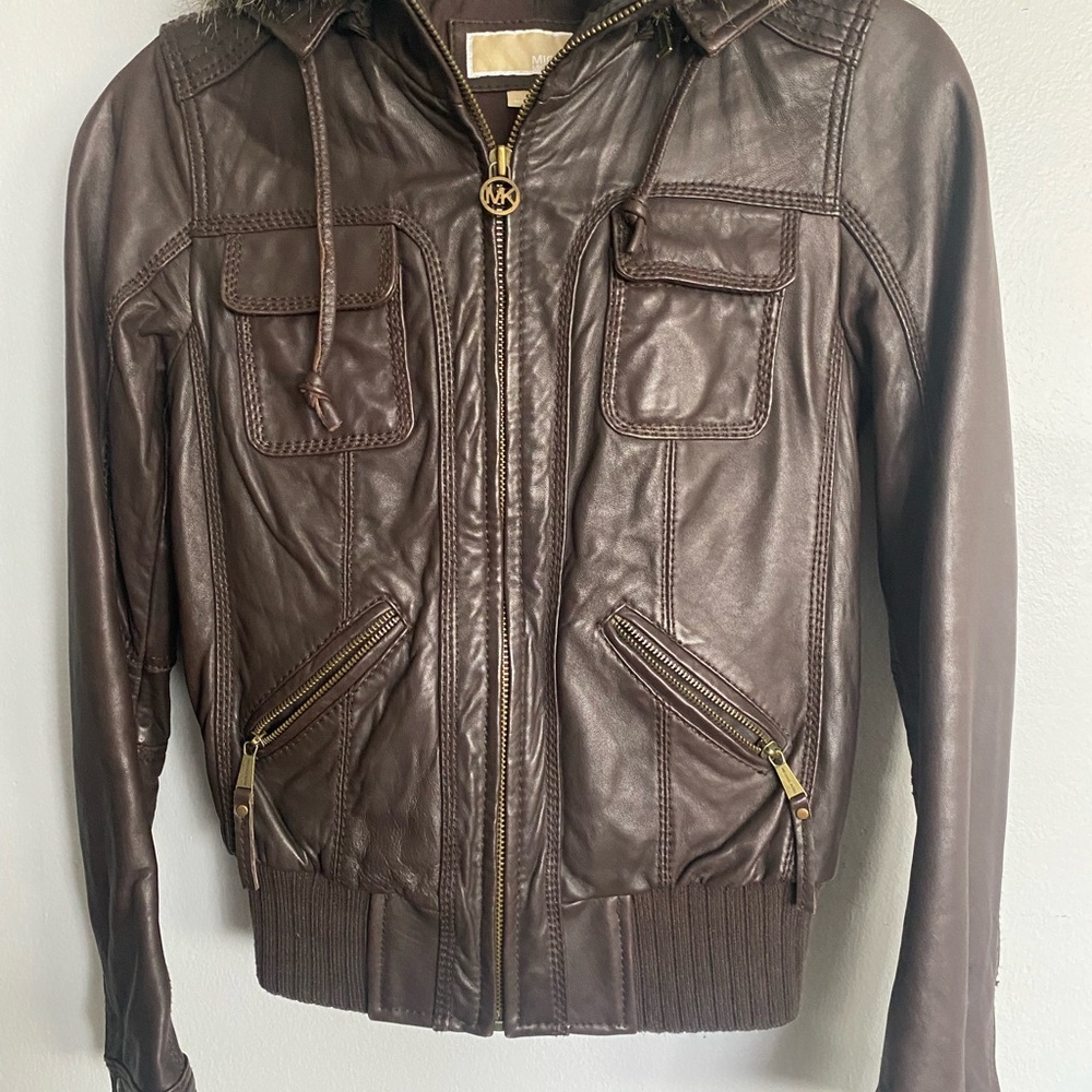 Michael Kors Brown leather jacket. Great condition detachable hood